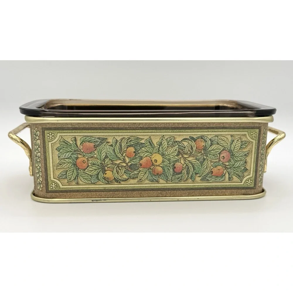 Vintage Pyrex 213 Fruit Harvest Amber Loaf Pan w Metal Cradle 1.5 Qt